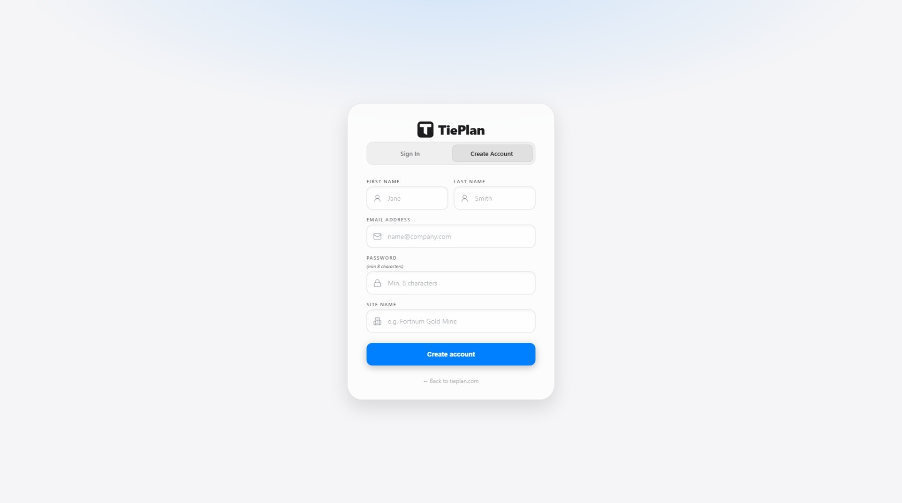 TiePlan Create Account form with name, email, password and site name fields