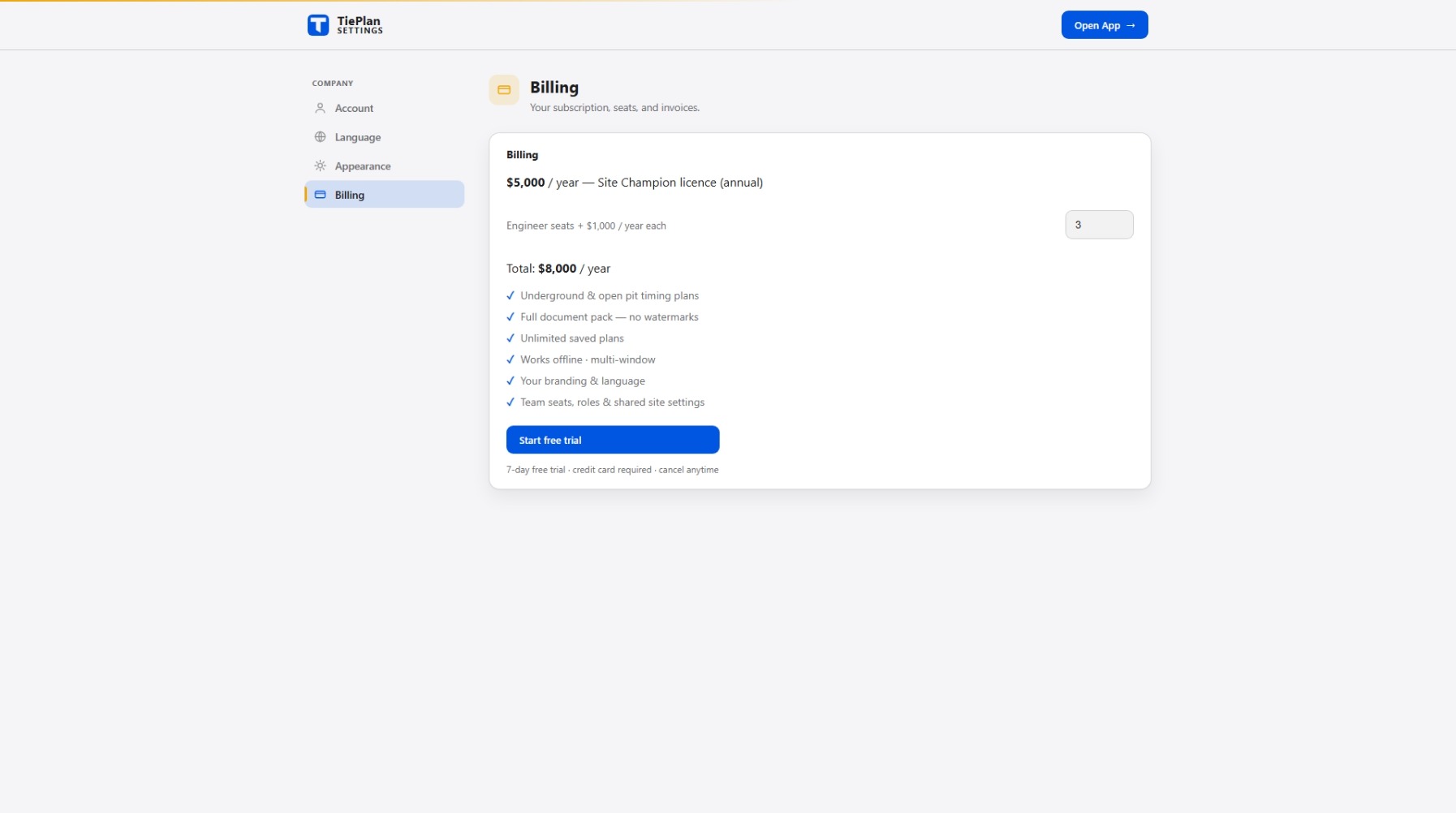 Billing page showing the Site Champion licence and engineer seats, total updating
