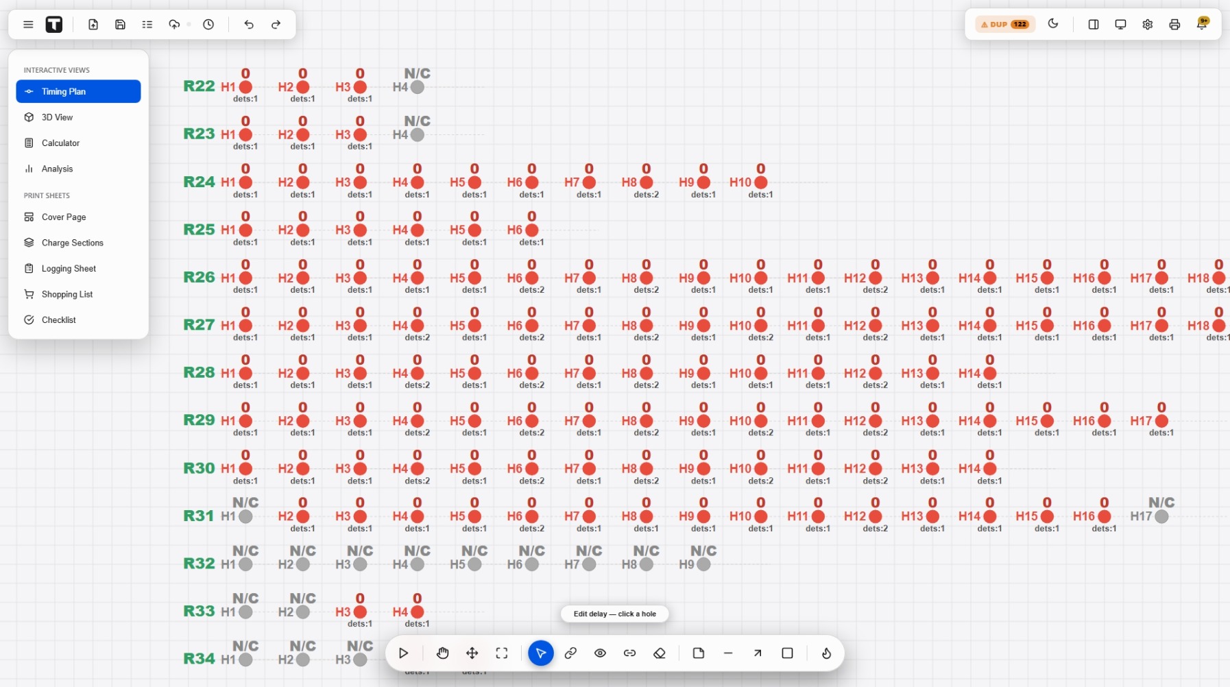 Holes drawn as rings R22 to R34 after a CSV import, all delays zero