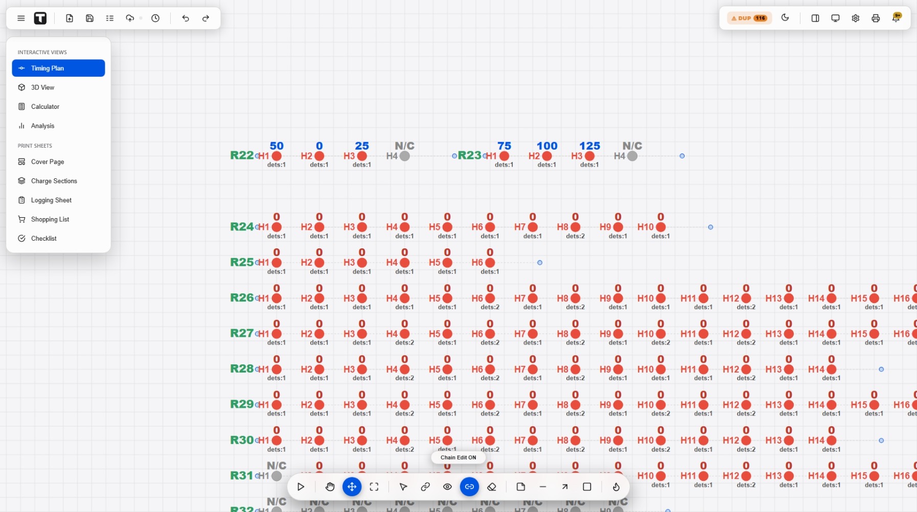 Timing plan with delays entered on the first rings, shown in blue