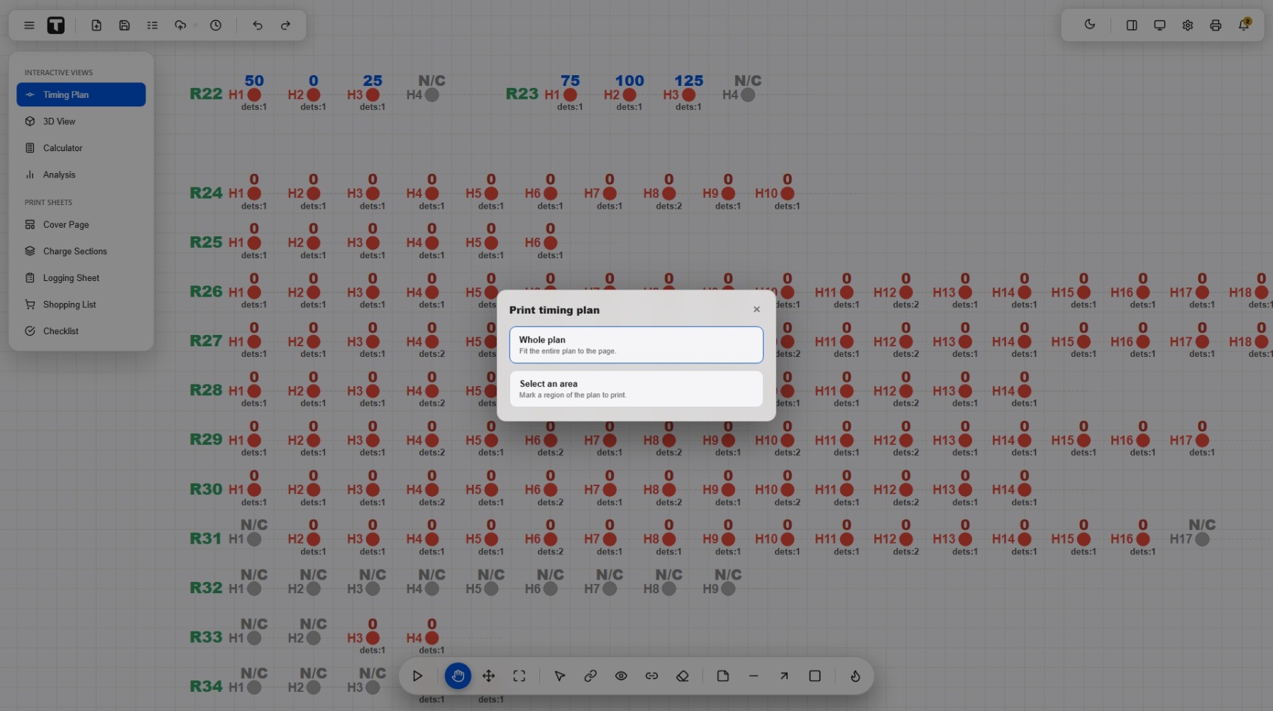 Print timing plan dialog with Whole plan and Select an area