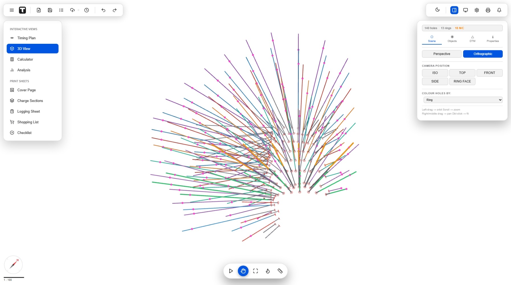 3D view of the drill pattern with the Scene panel