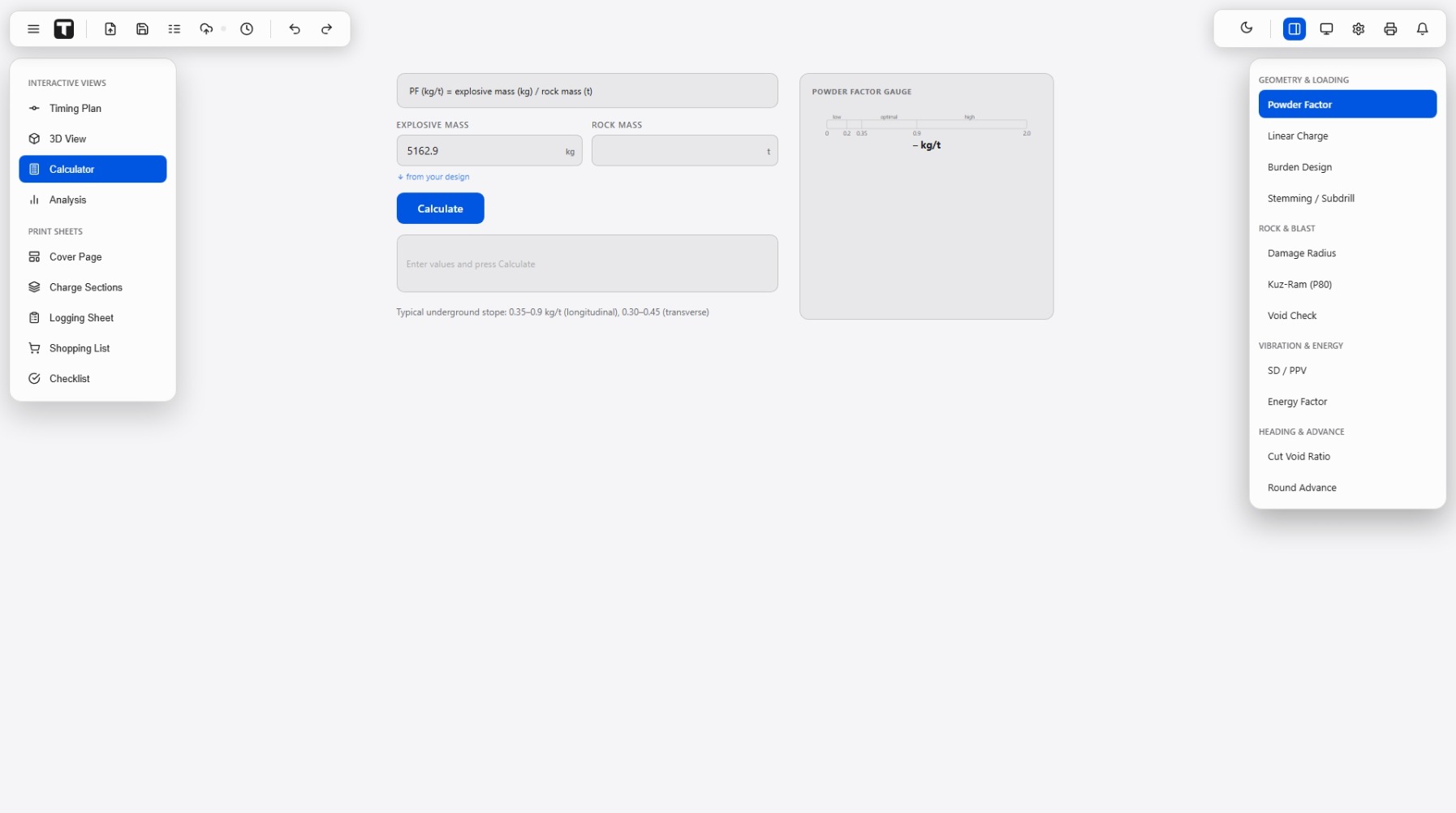 Calculator view with powder factor and a list of calculators