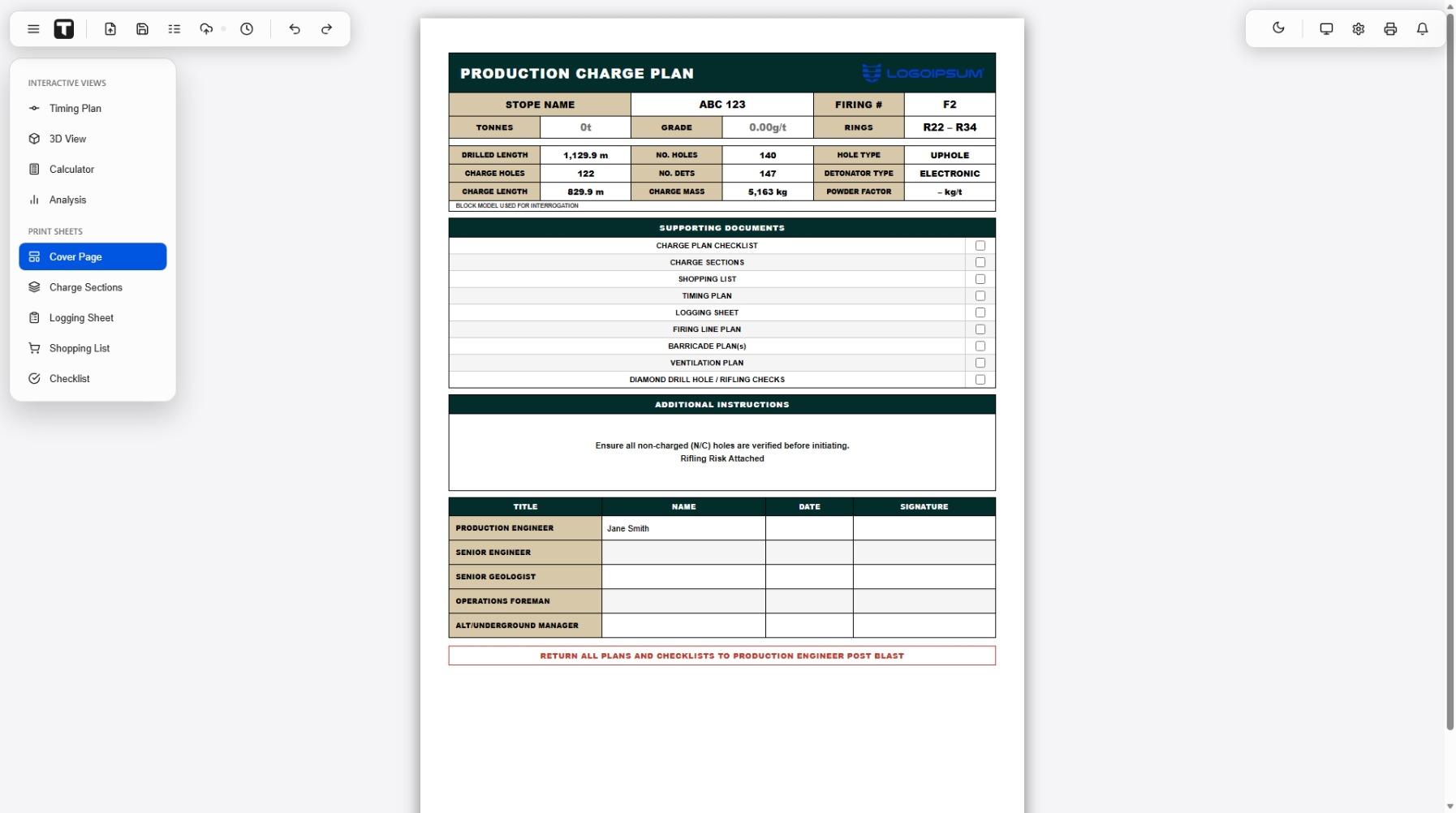 Production Charge Plan cover page
