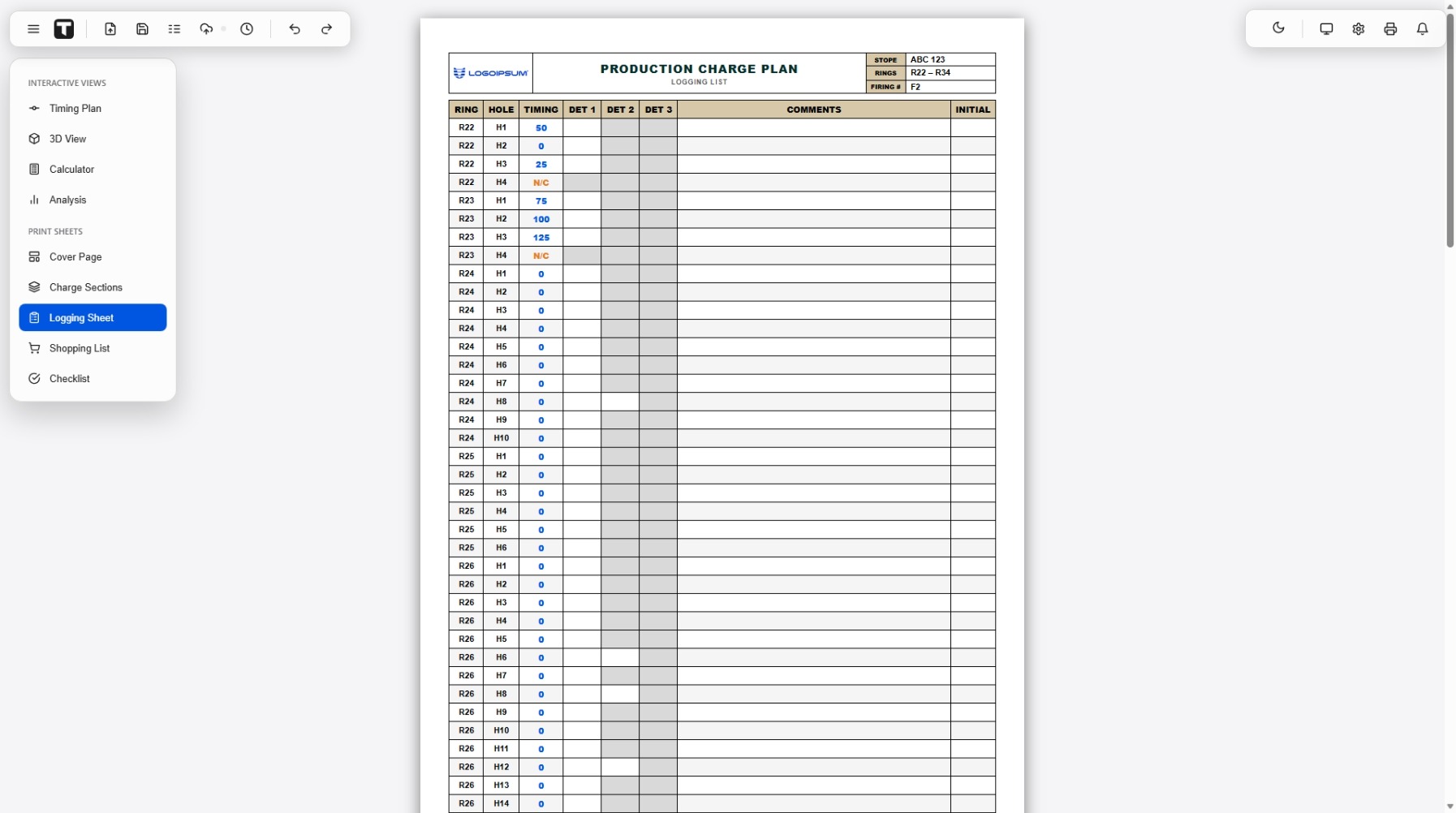 Logging sheet