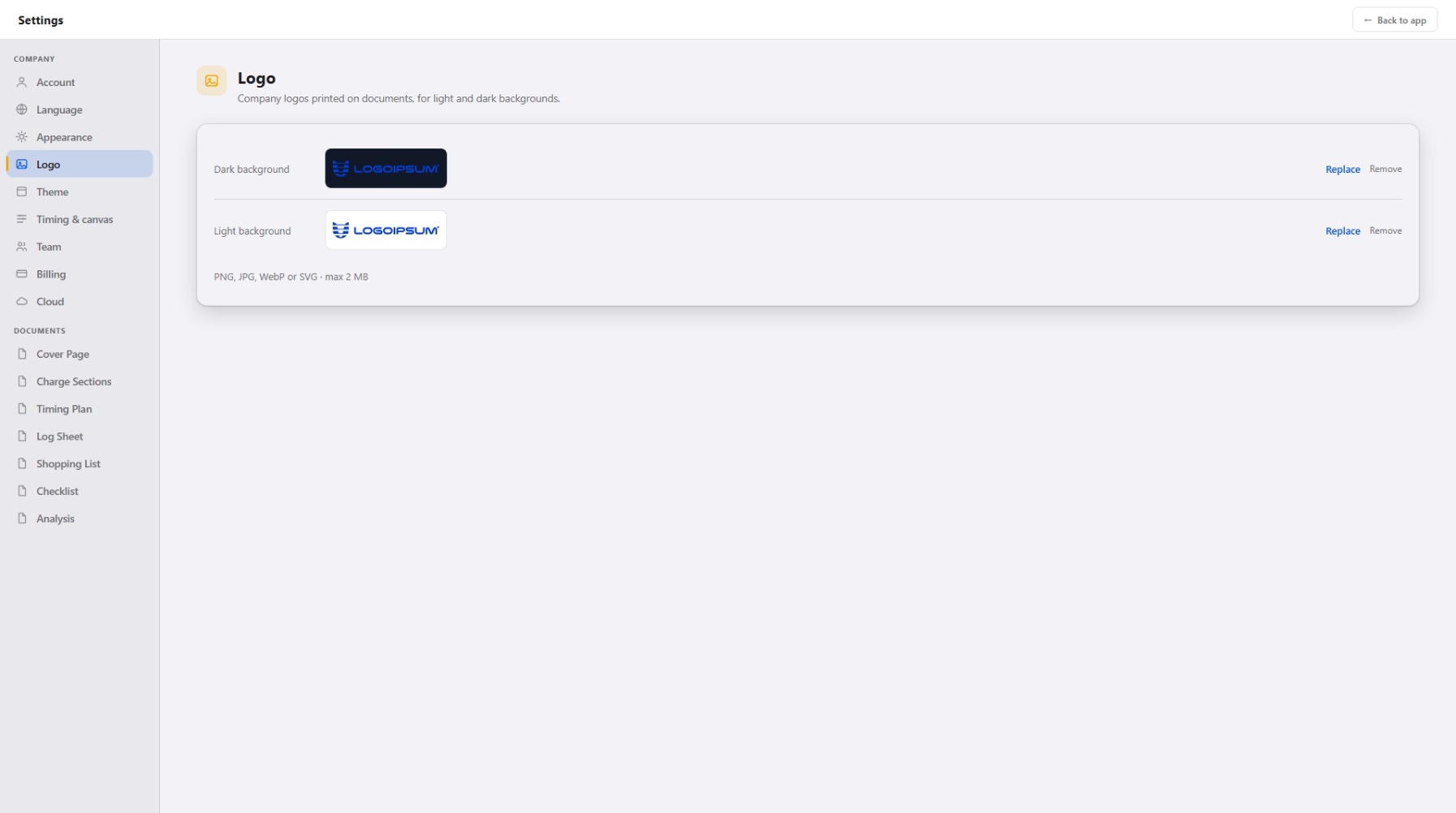 Logo settings for light and dark backgrounds