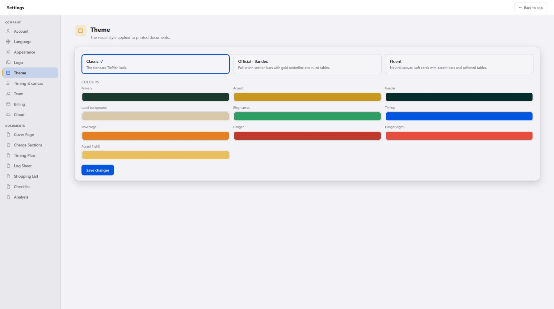 Document theme settings: Classic, Banded, Fluent and colours