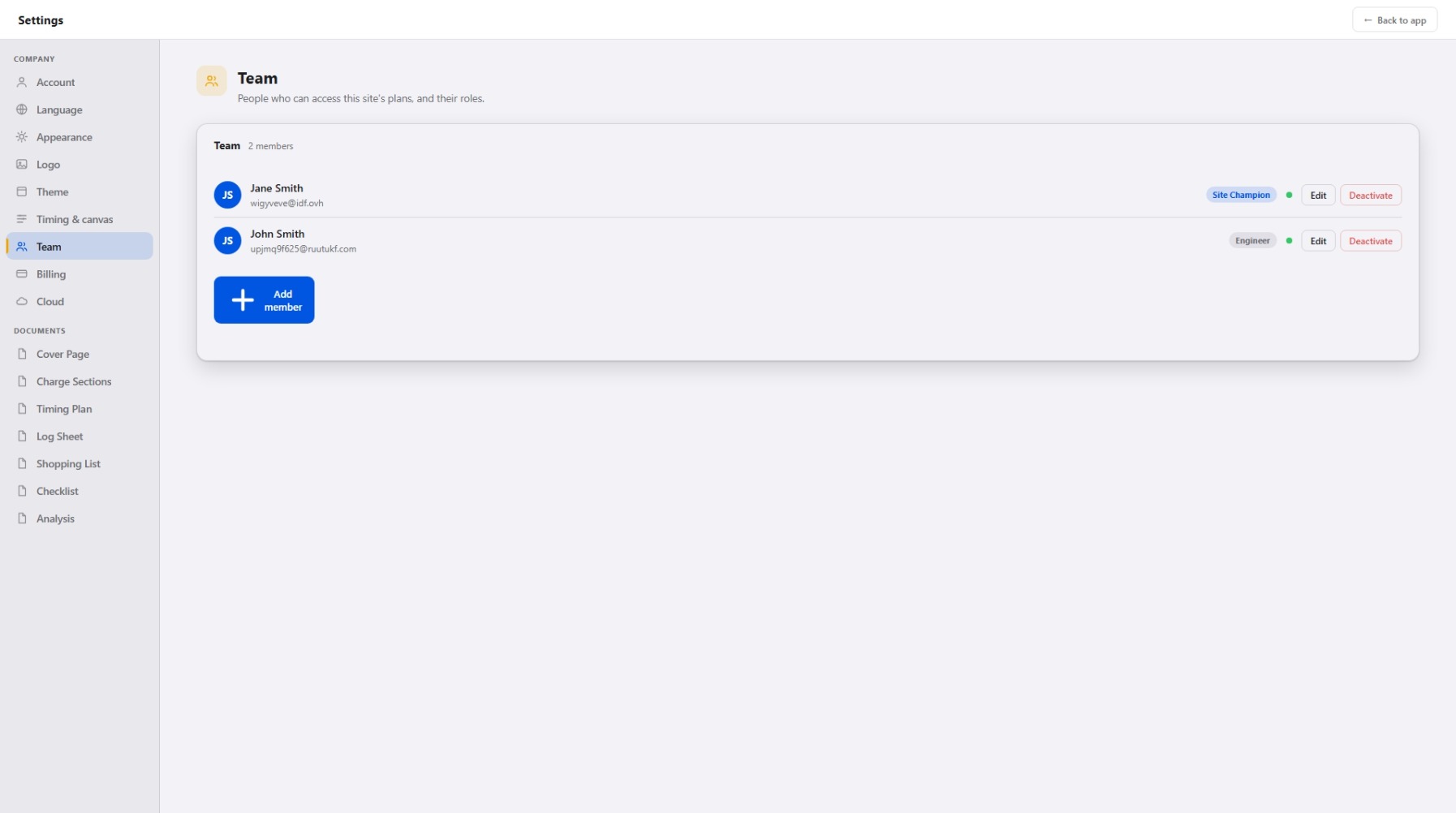 Team settings with a Site Champion and an Engineer member