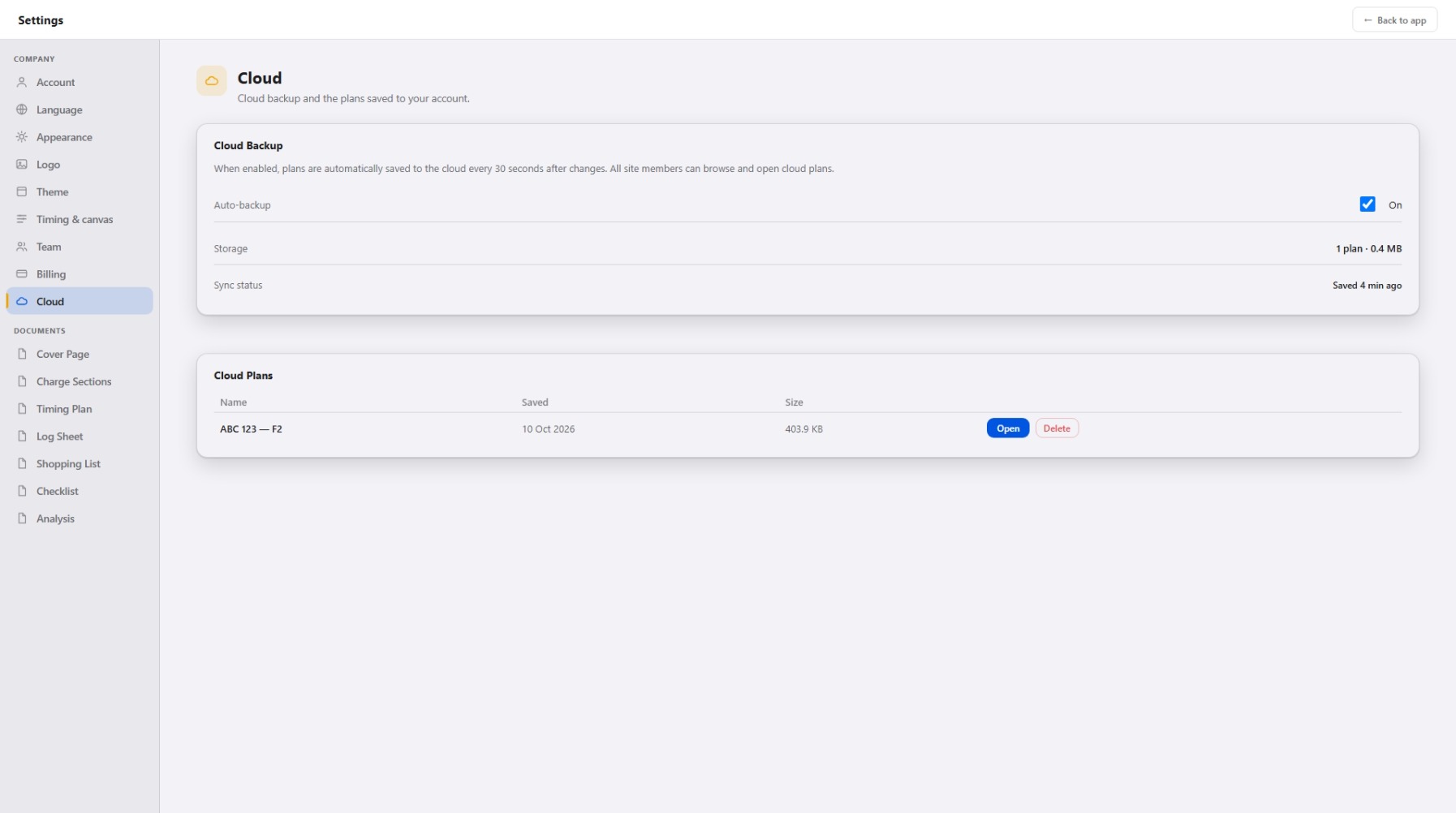 Cloud settings with auto-backup and saved cloud plans