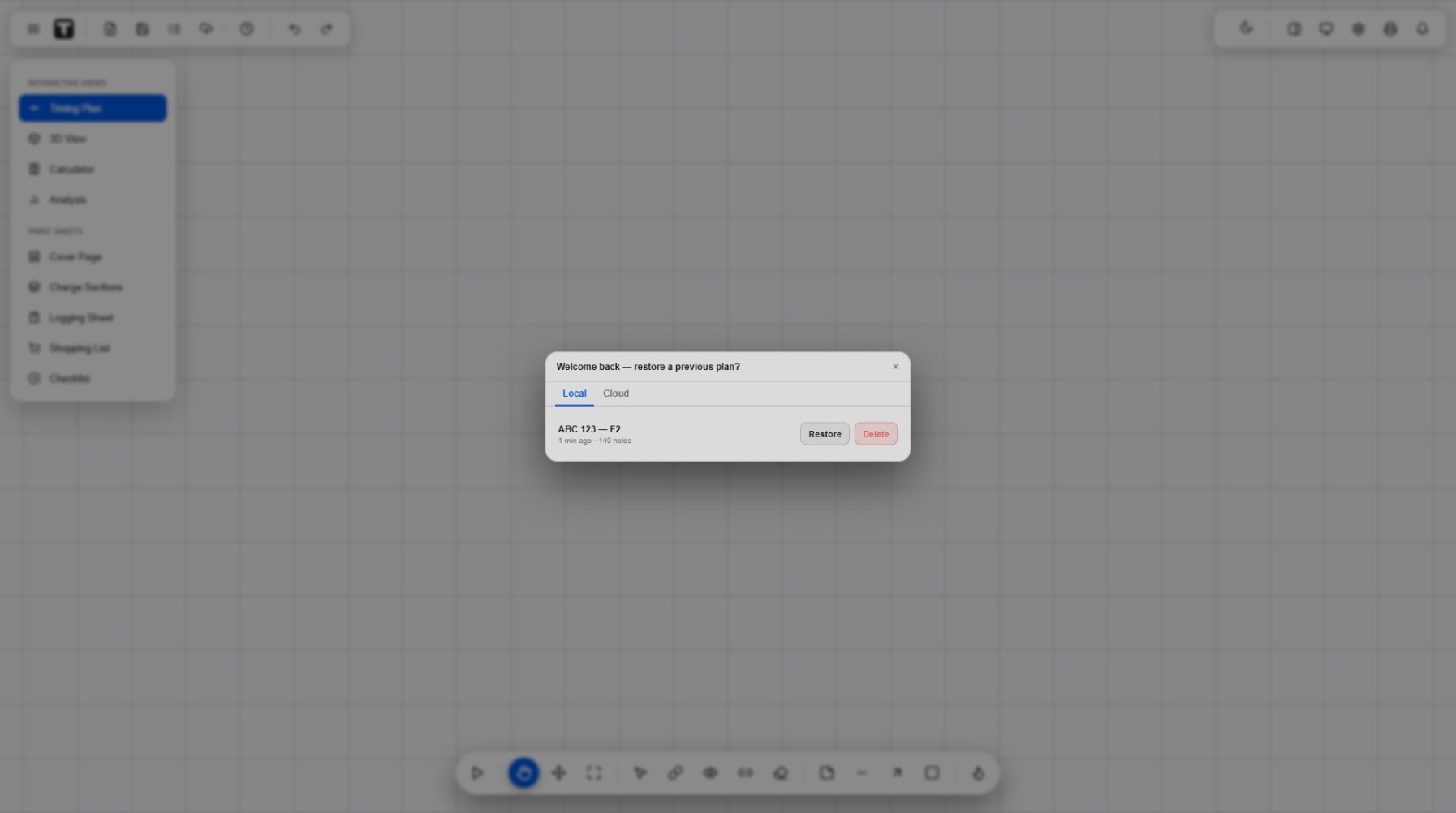 Welcome back, restore a previous plan dialog