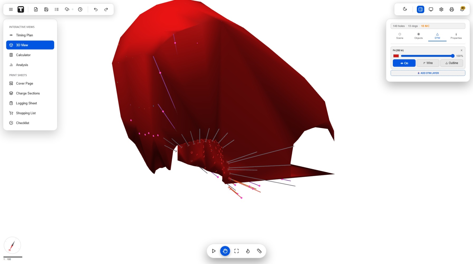 3D view with a solid red DTM surface and holes