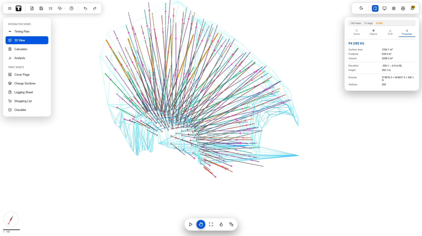 3D view with a wireframe DTM surface
